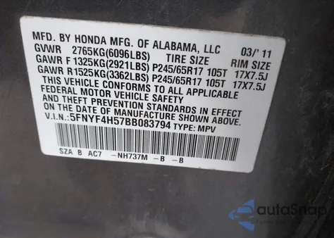 2011 Honda Pilot Ex-L from USA, damaged, VIN 5FNYF4H57BB083794